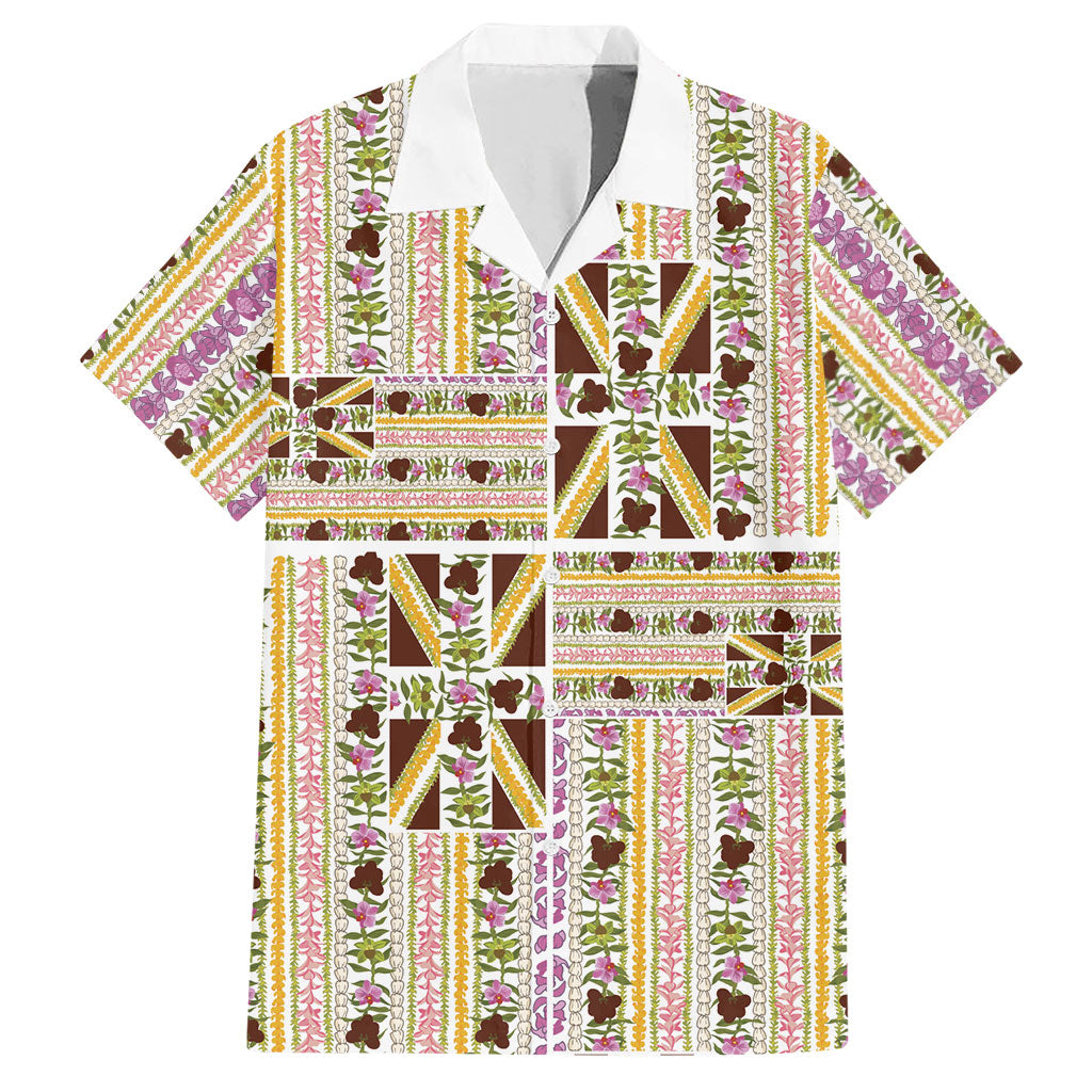 Hawaii Lokelani Pikake Lei Hawaiian Shirt Hawaiian Flag Motif LT9 White - Polynesian Pride