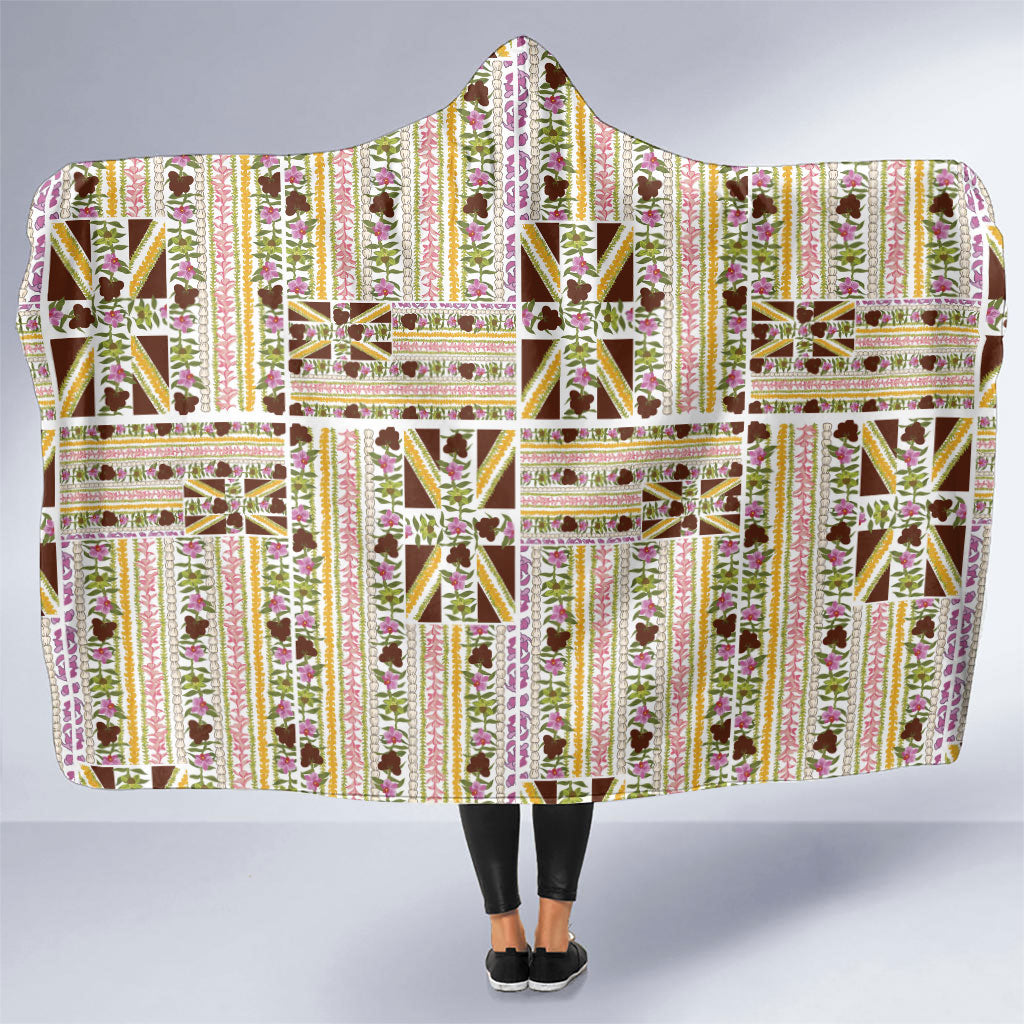 Hawaii Lokelani Pikake Lei Hooded Blanket Hawaiian Flag Motif LT9 One Size White - Polynesian Pride