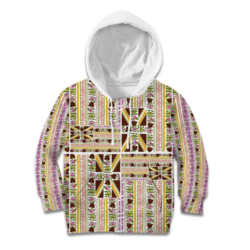 Hawaii Lokelani Pikake Lei Kid Hoodie Hawaiian Flag Motif LT9 Hoodie White - Polynesian Pride