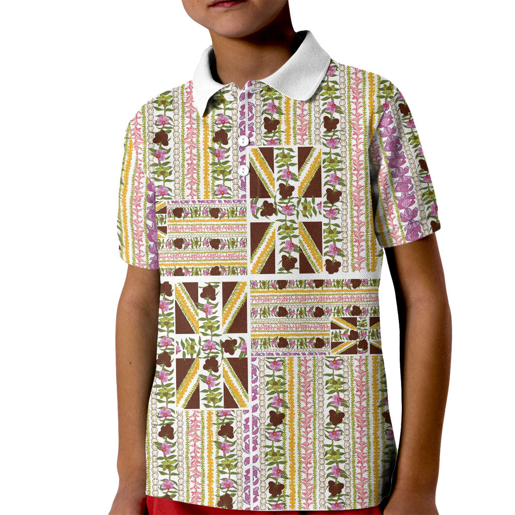 Hawaii Lokelani Pikake Lei Kid Polo Shirt Hawaiian Flag Motif LT9 Kid White - Polynesian Pride
