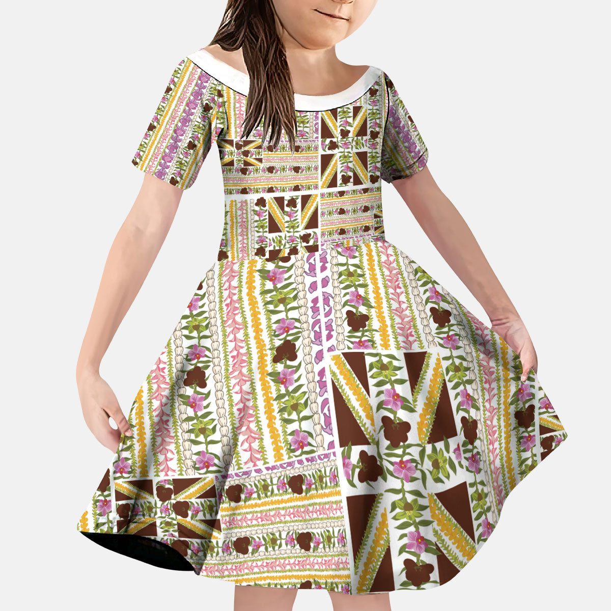 Hawaii Lokelani Pikake Lei Kid Short Sleeve Dress Hawaiian Flag Motif LT9 KID White - Polynesian Pride