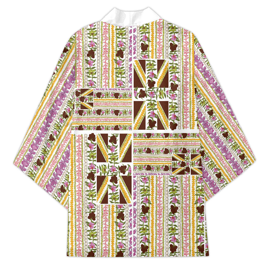Hawaii Lokelani Pikake Lei Kimono Hawaiian Flag Motif
