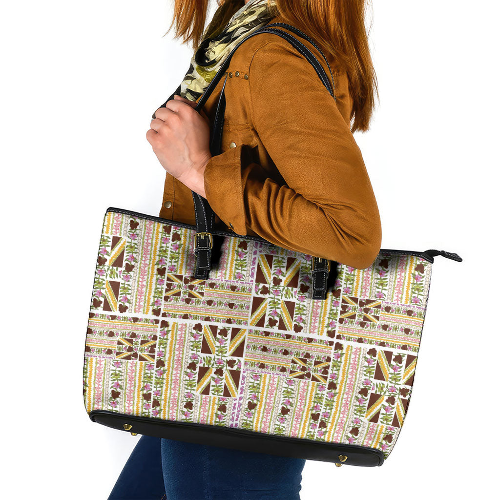 Hawaii Lokelani Pikake Lei Leather Tote Bag Hawaiian Flag Motif