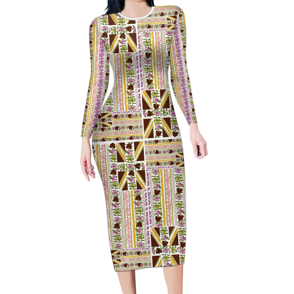 Hawaii Lokelani Pikake Lei Long Sleeve Bodycon Dress Hawaiian Flag Motif LT9 Long Dress White - Polynesian Pride