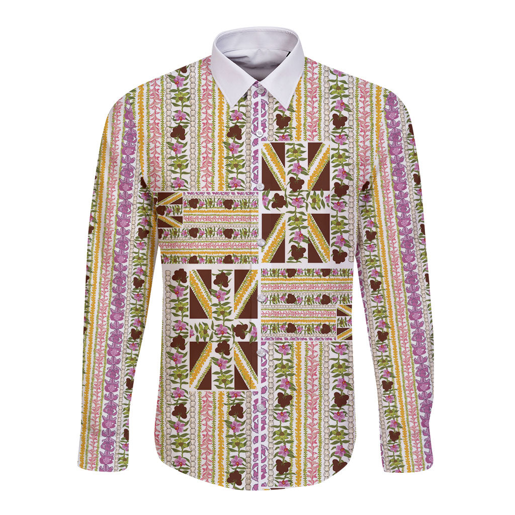 Hawaii Lokelani Pikake Lei Long Sleeve Button Shirt Hawaiian Flag Motif LT9 Unisex White - Polynesian Pride