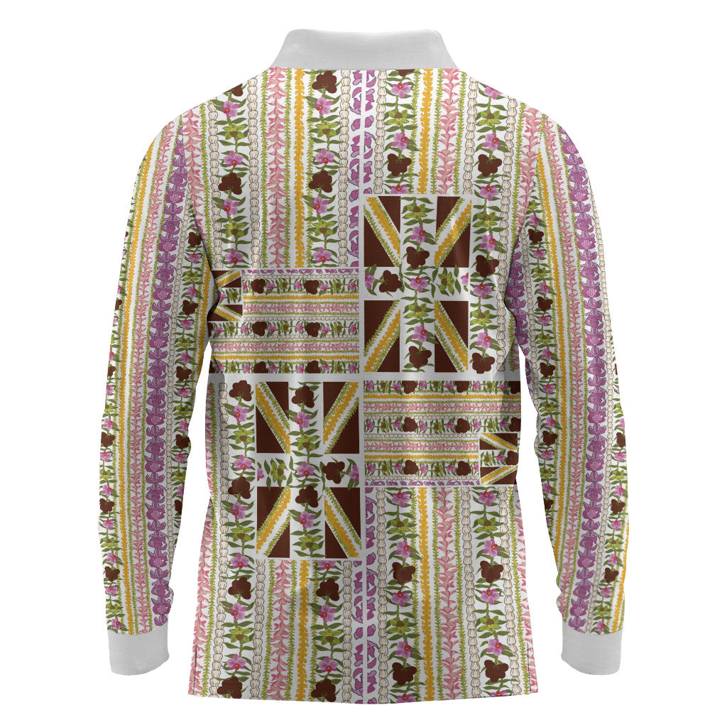 Hawaii Lokelani Pikake Lei Long Sleeve Polo Shirt Hawaiian Flag Motif LT9 - Polynesian Pride