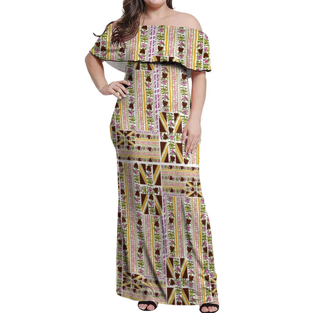 Hawaii Lokelani Pikake Lei Off Shoulder Maxi Dress Hawaiian Flag Motif LT9 Women White - Polynesian Pride