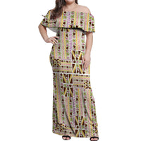 Hawaii Lokelani Pikake Lei Off Shoulder Maxi Dress Hawaiian Flag Motif LT9 Women White - Polynesian Pride