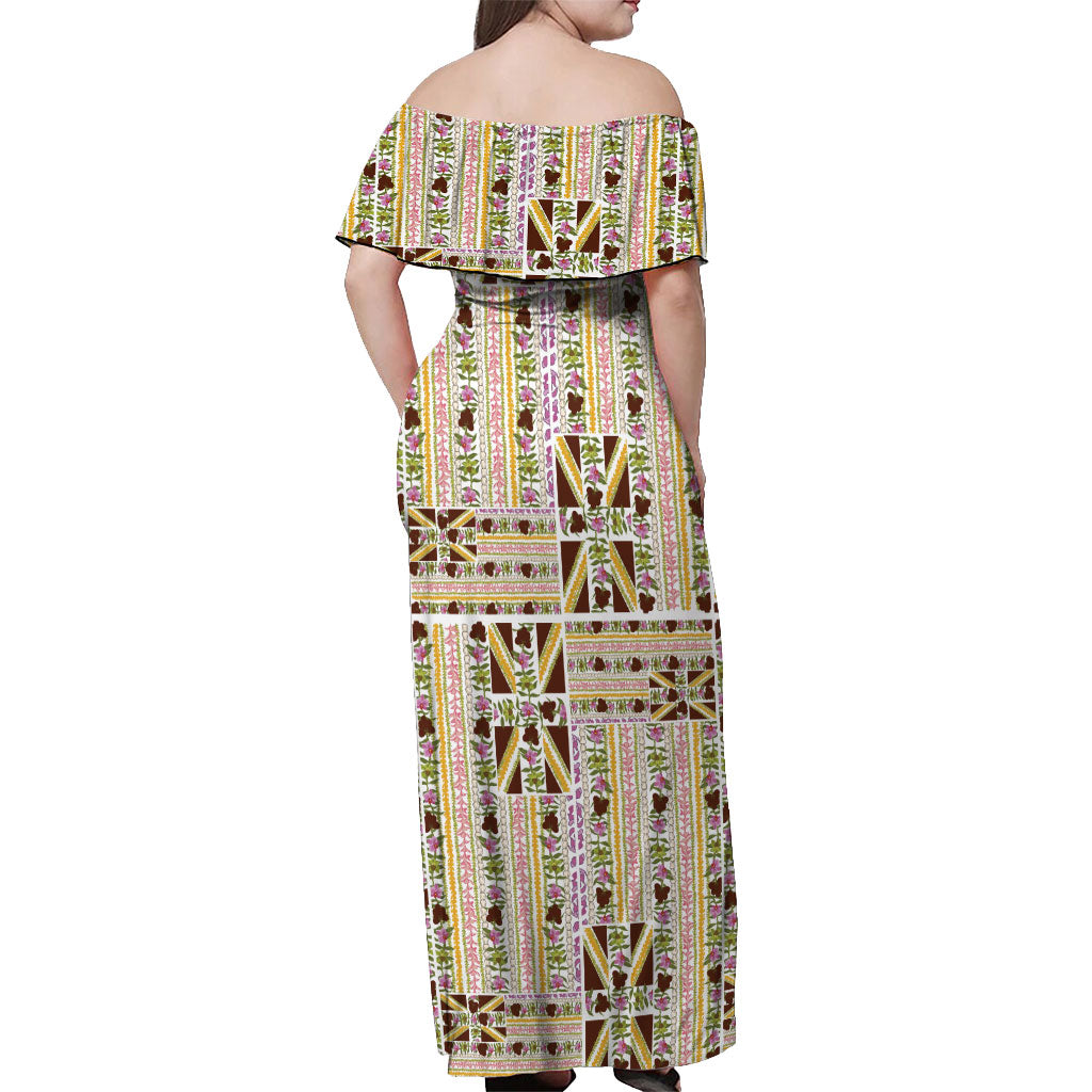 Hawaii Lokelani Pikake Lei Off Shoulder Maxi Dress Hawaiian Flag Motif LT9 - Polynesian Pride
