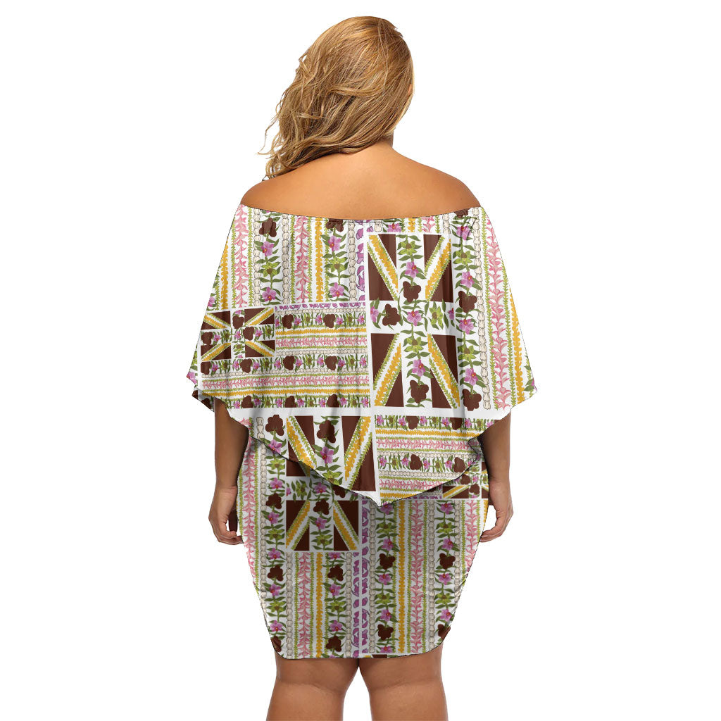 Hawaii Lokelani Pikake Lei Off Shoulder Short Dress Hawaiian Flag Motif LT9 - Polynesian Pride