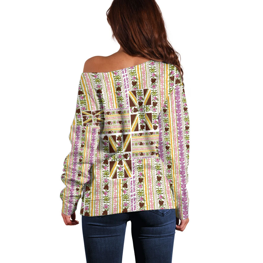 Hawaii Lokelani Pikake Lei Off Shoulder Sweater Hawaiian Flag Motif