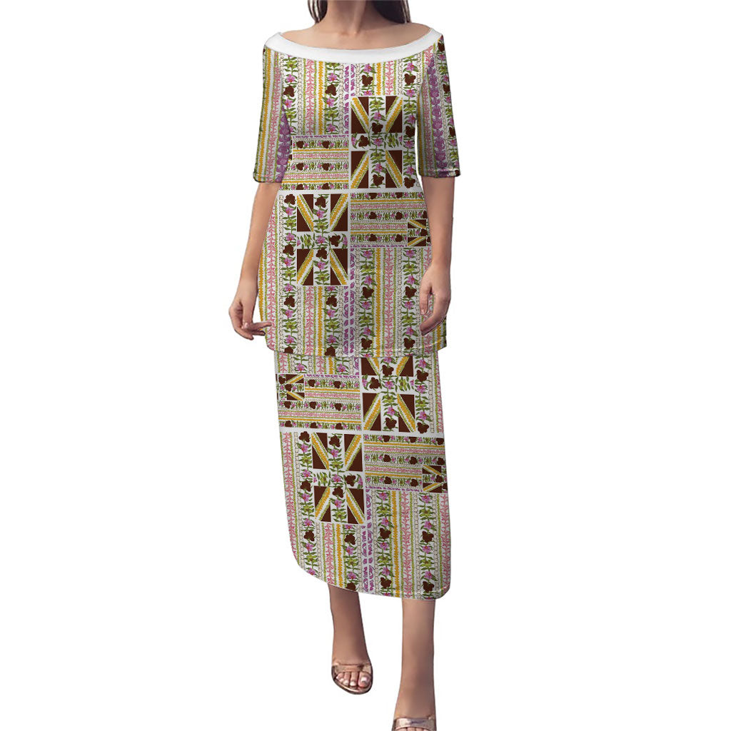 Hawaii Lokelani Pikake Lei Puletasi Hawaiian Flag Motif LT9 Long Dress White - Polynesian Pride