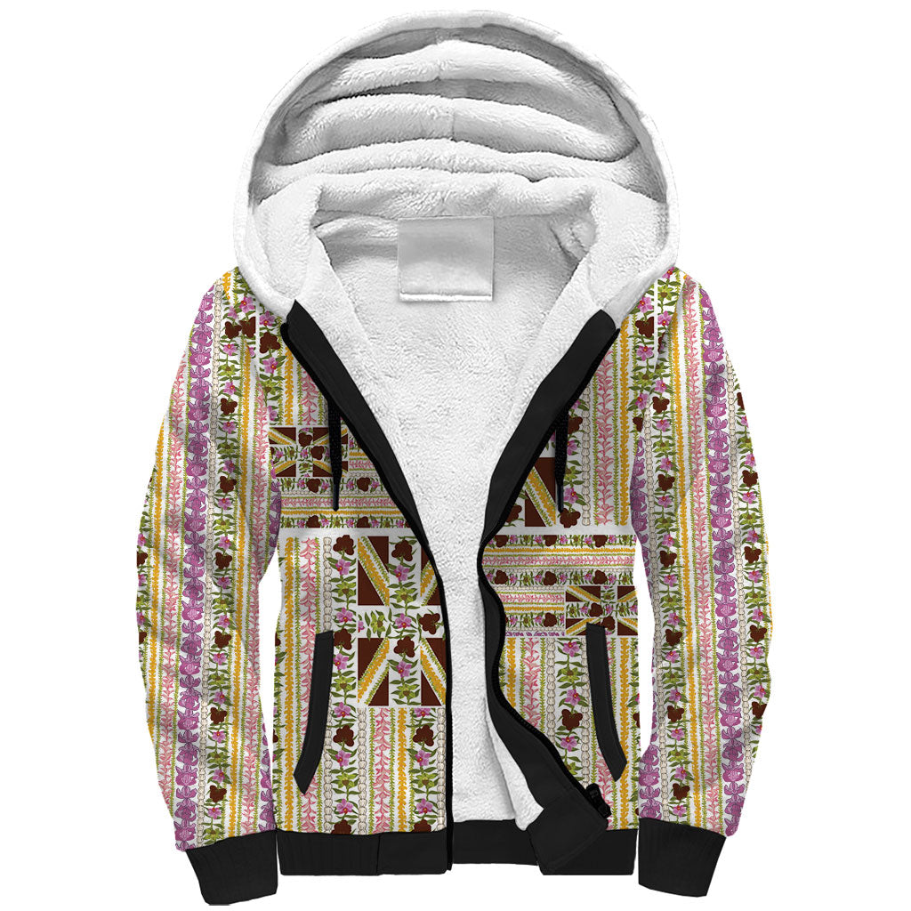 Hawaii Lokelani Pikake Lei Sherpa Hoodie Hawaiian Flag Motif LT9 Unisex White - Polynesian Pride