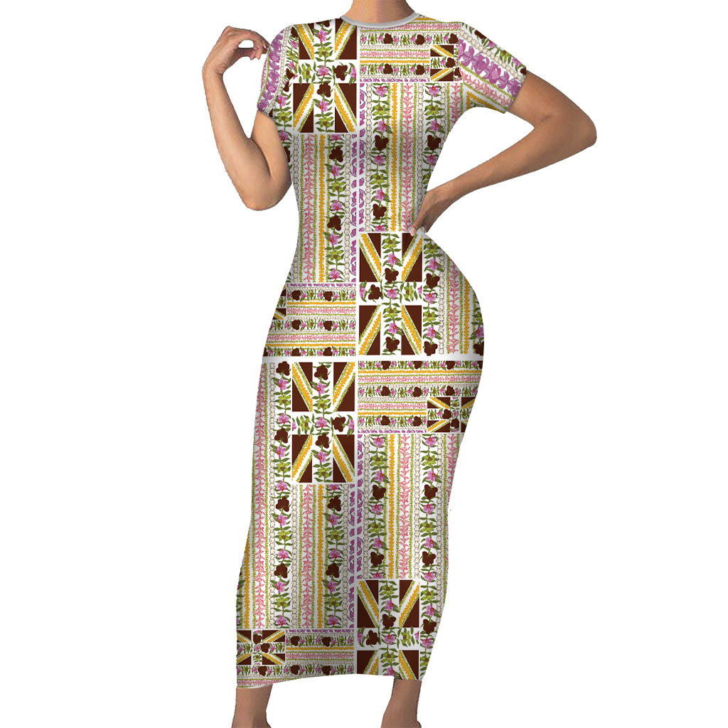 Hawaii Lokelani Pikake Lei Short Sleeve Bodycon Dress Hawaiian Flag Motif LT9 Long Dress White - Polynesian Pride