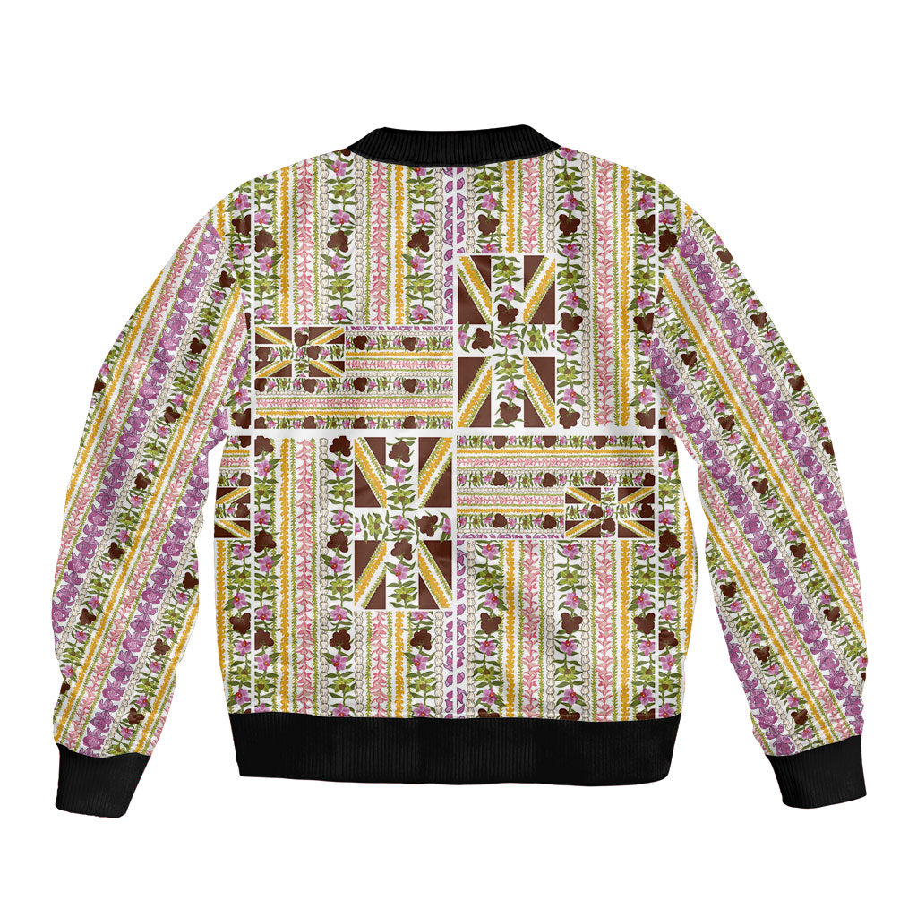 Hawaii Lokelani Pikake Lei Sleeve Zip Bomber Jacket Hawaiian Flag Motif LT9 - Polynesian Pride
