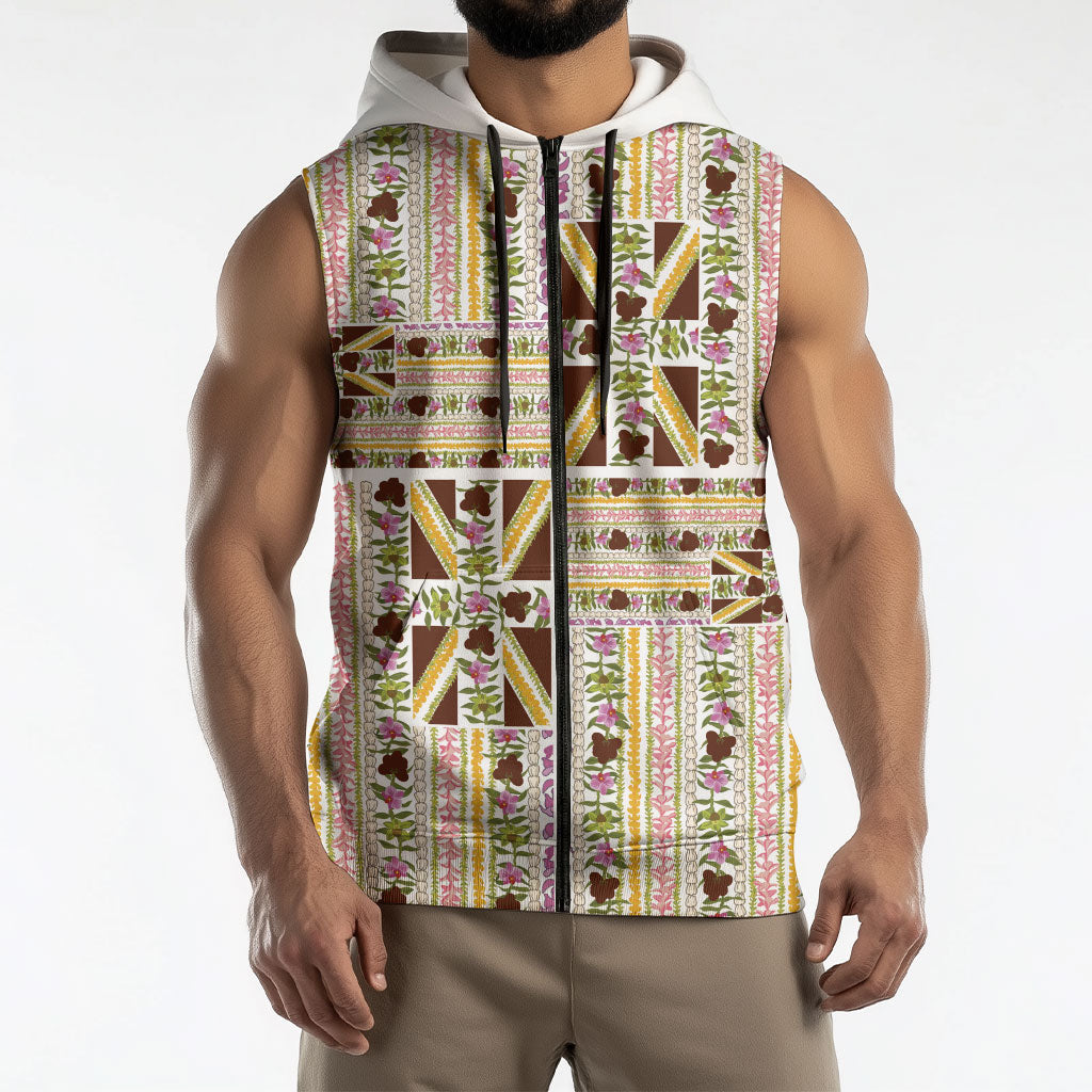 Hawaii Lokelani Pikake Lei Sleeveless Zip Hoodie Hawaiian Flag Motif LT9 - Polynesian Pride