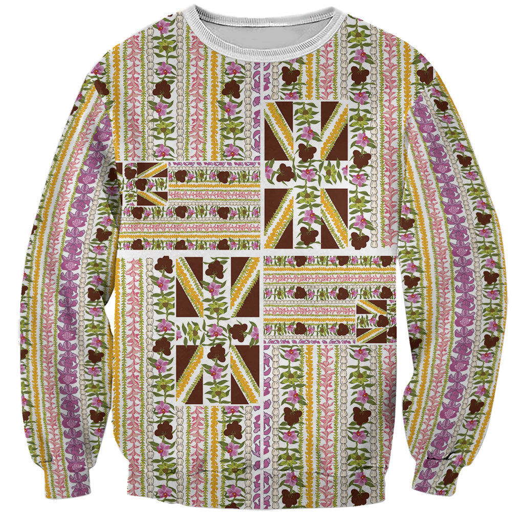 Hawaii Lokelani Pikake Lei Sweatshirt Hawaiian Flag Motif LT9 Unisex White - Polynesian Pride