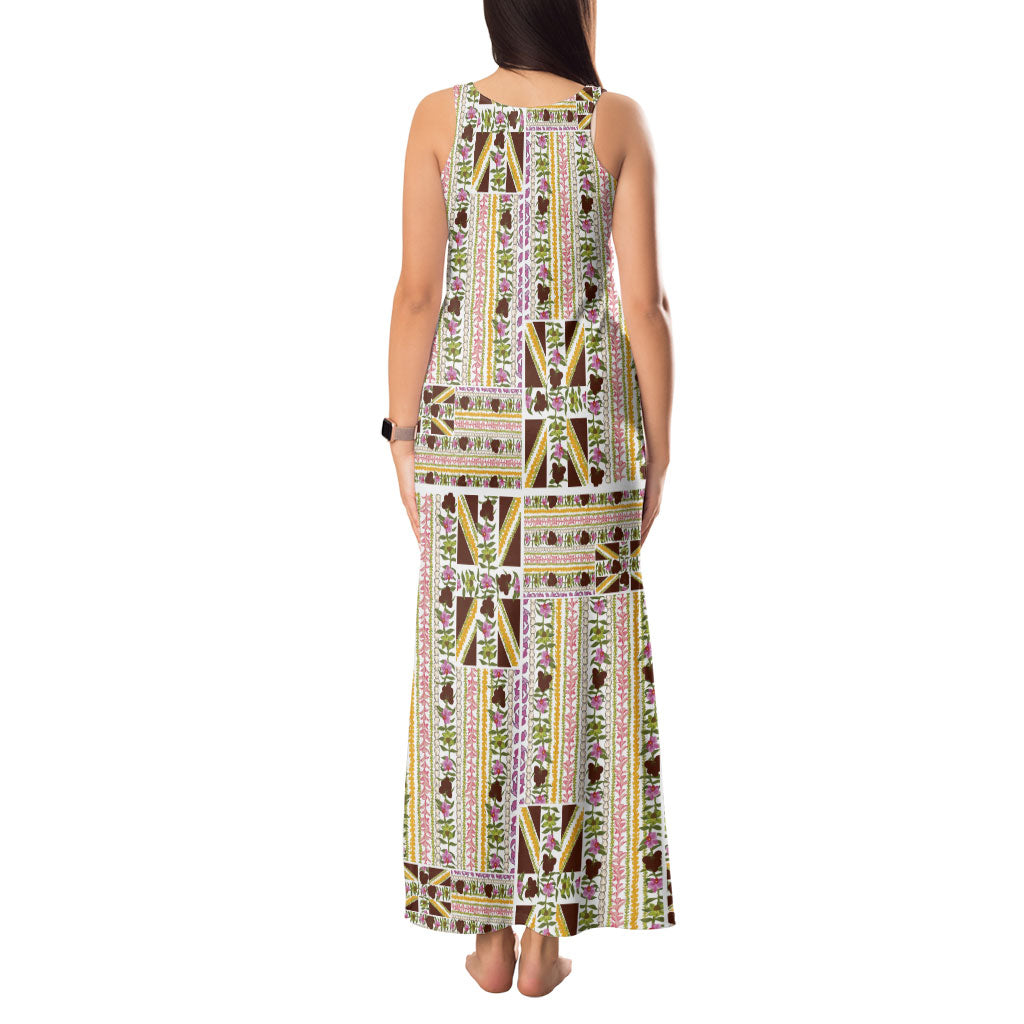 Hawaii Lokelani Pikake Lei Tank Maxi Dress Hawaiian Flag Motif LT9 - Polynesian Pride