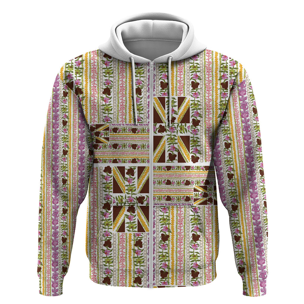 Hawaii Lokelani Pikake Lei Zip Hoodie Hawaiian Flag Motif LT9 Zip Hoodie White - Polynesian Pride