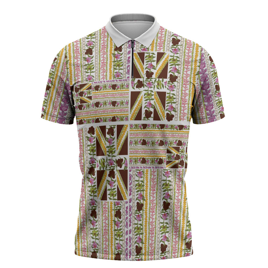 Hawaii Lokelani Pikake Lei Zipper Polo Shirt Hawaiian Flag Motif LT9 White - Polynesian Pride