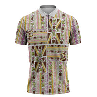 Hawaii Lokelani Pikake Lei Zipper Polo Shirt Hawaiian Flag Motif LT9 White - Polynesian Pride