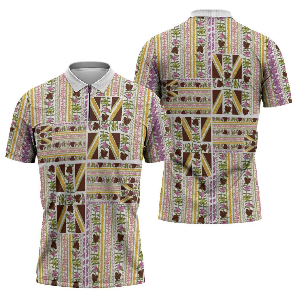 Hawaii Lokelani Pikake Lei Zipper Polo Shirt Hawaiian Flag Motif LT9 - Polynesian Pride