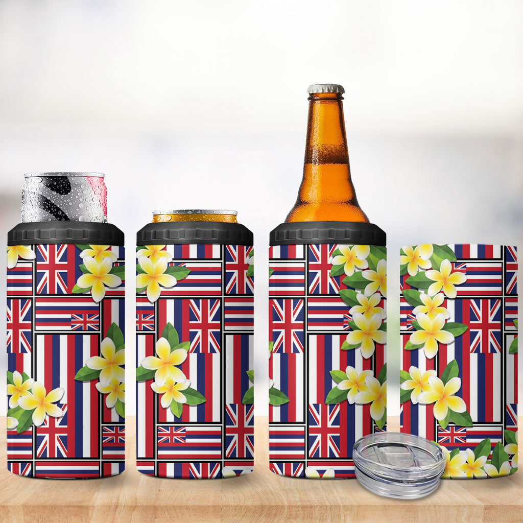 Hawaii Plumeria Lei 4 in 1 Can Cooler Tumbler Hawaiian Flag Motif