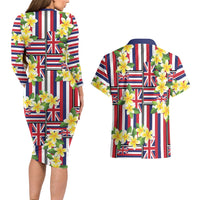 Hawaii Plumeria Lei Couples Matching Long Sleeve Bodycon Dress and Hawaiian Shirt Hawaiian Flag Motif