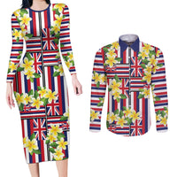 Hawaii Plumeria Lei Couples Matching Long Sleeve Bodycon Dress and Long Sleeve Button Shirt Hawaiian Flag Motif