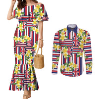 Hawaii Plumeria Lei Couples Matching Mermaid Dress and Long Sleeve Button Shirt Hawaiian Flag Motif
