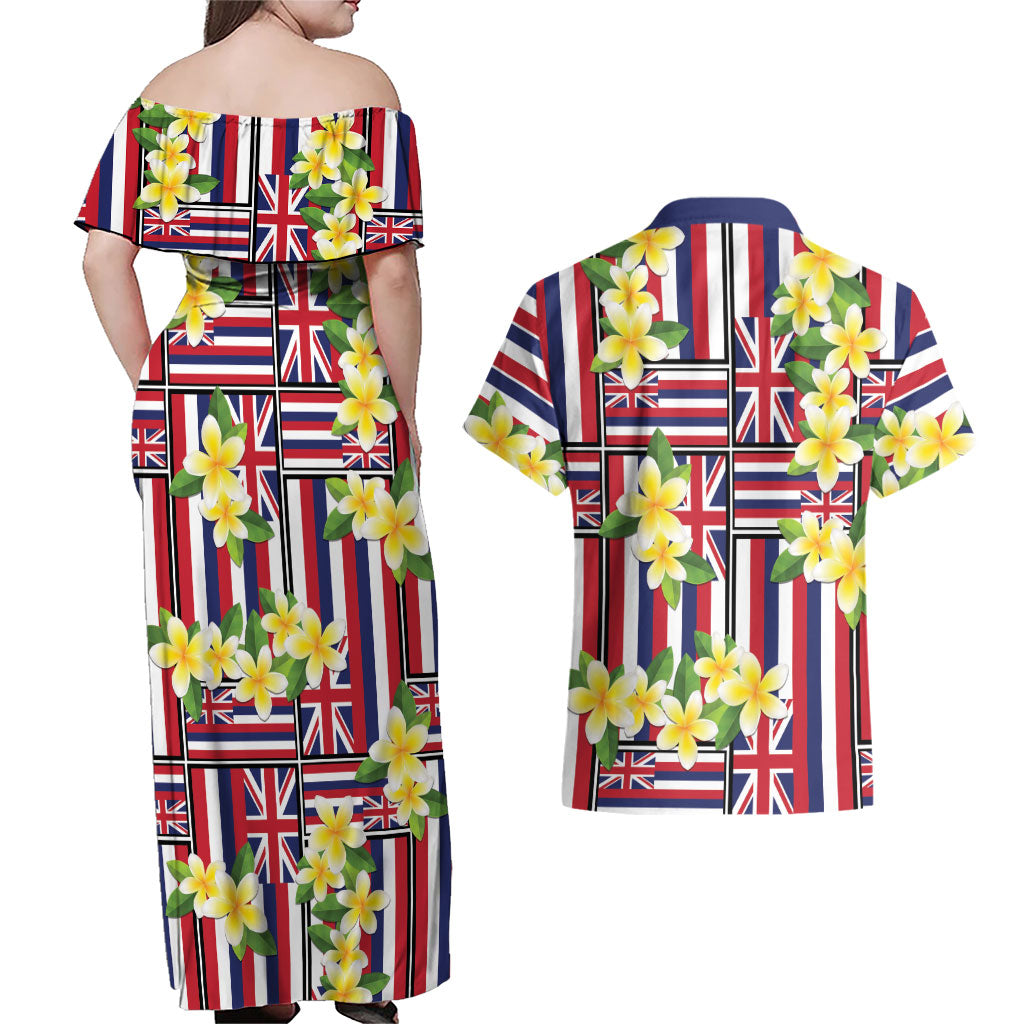 Hawaii Plumeria Lei Couples Matching Off Shoulder Maxi Dress and Hawaiian Shirt Hawaiian Flag Motif