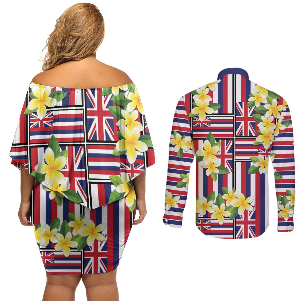 Hawaii Plumeria Lei Couples Matching Off Shoulder Short Dress and Long Sleeve Button Shirt Hawaiian Flag Motif
