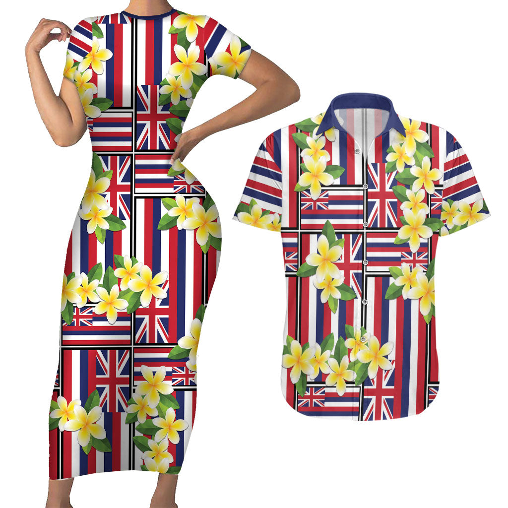 Hawaii Plumeria Lei Couples Matching Short Sleeve Bodycon Dress and Hawaiian Shirt Hawaiian Flag Motif