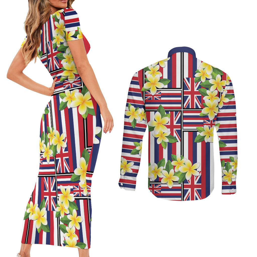 Hawaii Plumeria Lei Couples Matching Short Sleeve Bodycon Dress and Long Sleeve Button Shirt Hawaiian Flag Motif