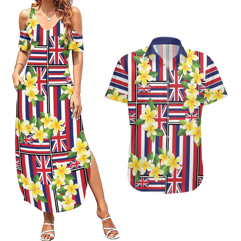 Hawaii Plumeria Lei Couples Matching Summer Maxi Dress and Hawaiian Shirt Hawaiian Flag Motif LT9 Red - Polynesian Pride