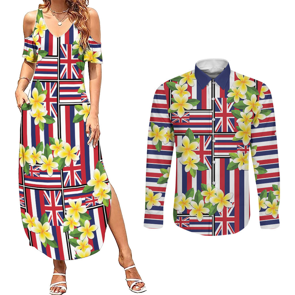 Hawaii Plumeria Lei Couples Matching Summer Maxi Dress and Long Sleeve Button Shirt Hawaiian Flag Motif