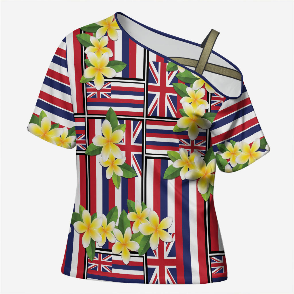 Hawaii Plumeria Lei Cross Shoulder Shirt Hawaiian Flag Motif LT9 Female Red - Polynesian Pride