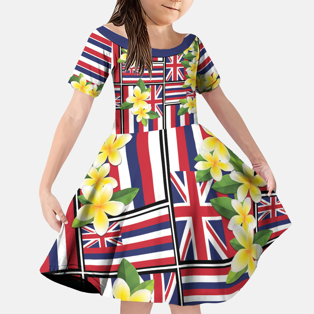 Hawaii Plumeria Lei Family Matching Long Sleeve Bodycon Dress and Hawaiian Shirt Hawaiian Flag Motif