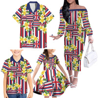 Hawaii Plumeria Lei Family Matching Off The Shoulder Long Sleeve Dress and Hawaiian Shirt Hawaiian Flag Motif