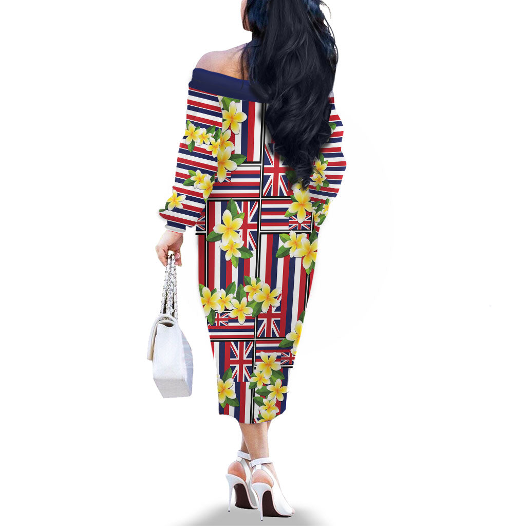 Hawaii Plumeria Lei Family Matching Off The Shoulder Long Sleeve Dress and Hawaiian Shirt Hawaiian Flag Motif