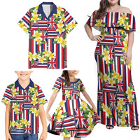 Hawaii Plumeria Lei Family Matching Off Shoulder Maxi Dress and Hawaiian Shirt Hawaiian Flag Motif