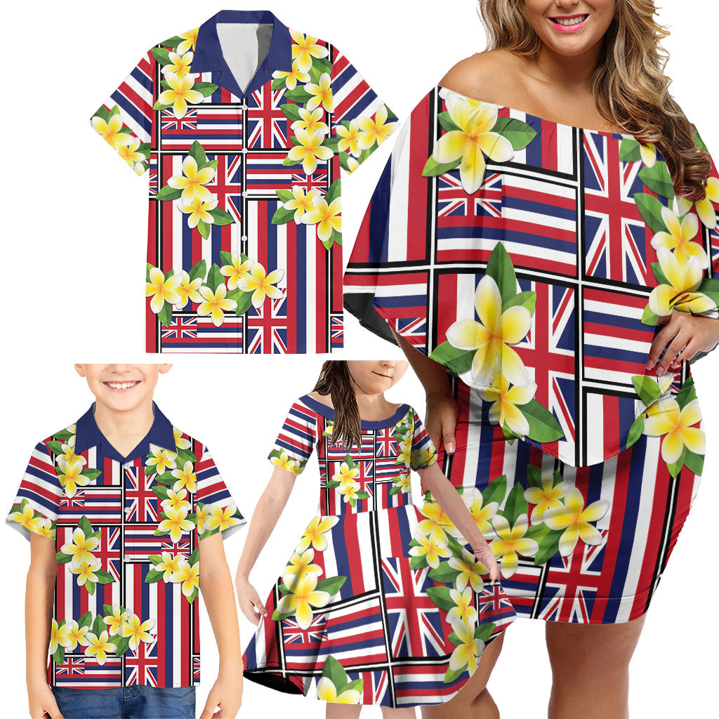 Hawaii Plumeria Lei Family Matching Off Shoulder Short Dress and Hawaiian Shirt Hawaiian Flag Motif