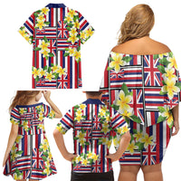 Hawaii Plumeria Lei Family Matching Off Shoulder Short Dress and Hawaiian Shirt Hawaiian Flag Motif