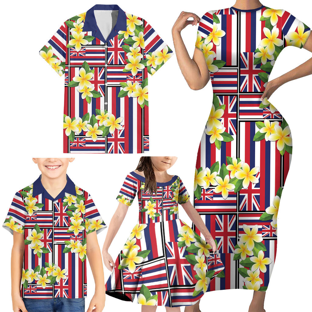 Hawaii Plumeria Lei Family Matching Short Sleeve Bodycon Dress and Hawaiian Shirt Hawaiian Flag Motif LT9 - Polynesian Pride