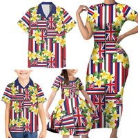 Hawaii Plumeria Lei Family Matching Short Sleeve Bodycon Dress and Hawaiian Shirt Hawaiian Flag Motif