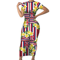Hawaii Plumeria Lei Family Matching Short Sleeve Bodycon Dress and Hawaiian Shirt Hawaiian Flag Motif