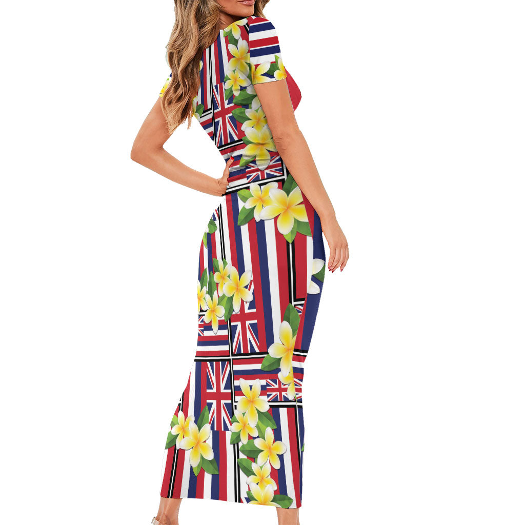 Hawaii Plumeria Lei Family Matching Short Sleeve Bodycon Dress and Hawaiian Shirt Hawaiian Flag Motif