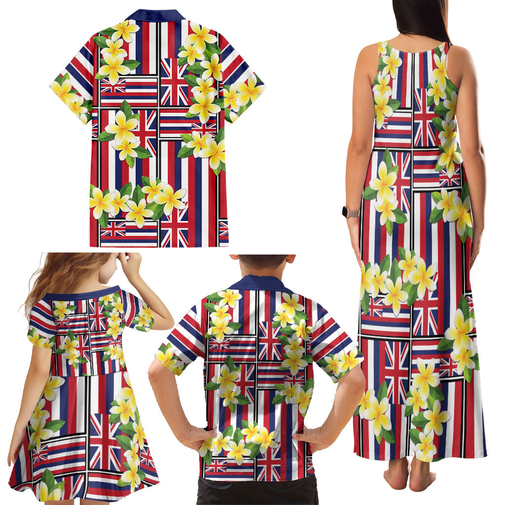 Hawaii Plumeria Lei Family Matching Tank Maxi Dress and Hawaiian Shirt Hawaiian Flag Motif