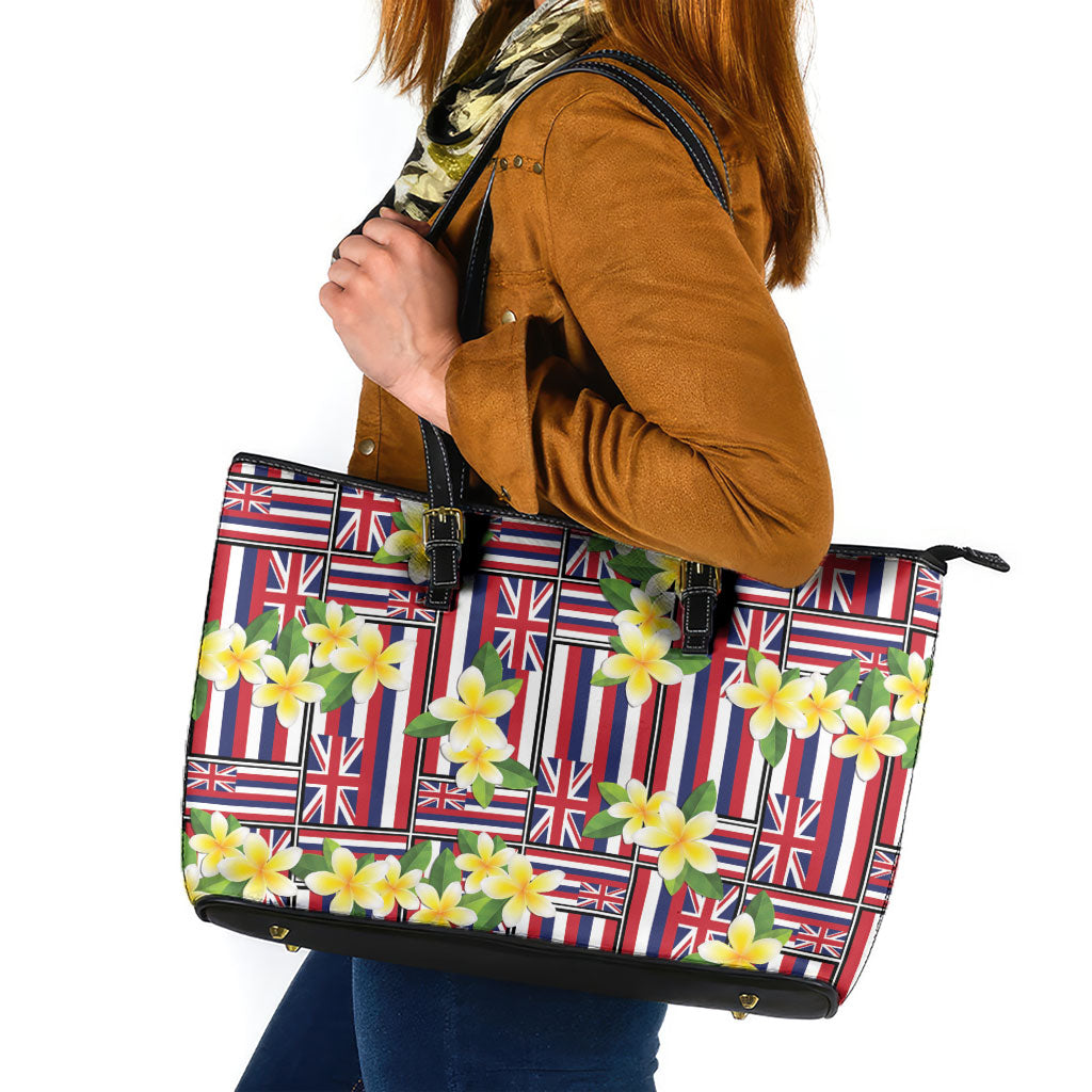 Hawaii Plumeria Lei Leather Tote Bag Hawaiian Flag Motif LT9 Red - Polynesian Pride