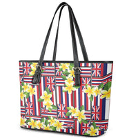 Hawaii Plumeria Lei Leather Tote Bag Hawaiian Flag Motif